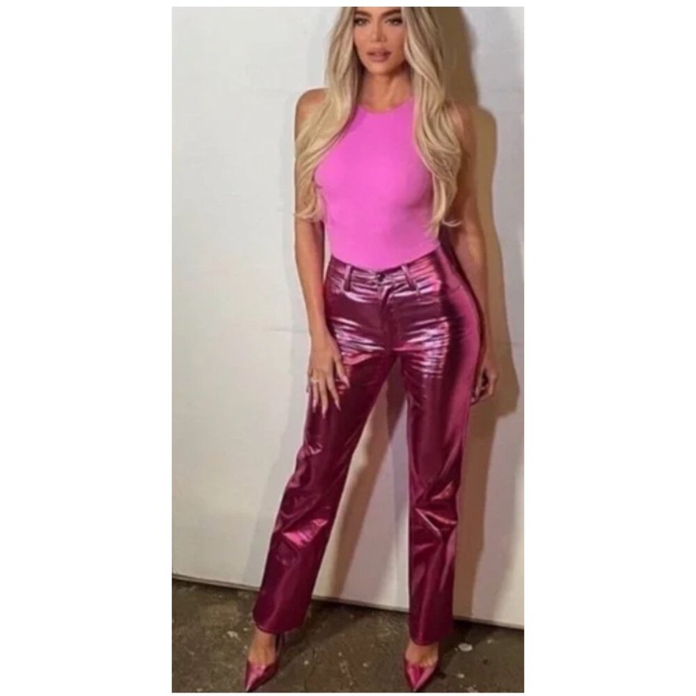 Good American Metallic Coated High-Rise Straight-Leg Jeans 8/29 Fuchsia/Purple